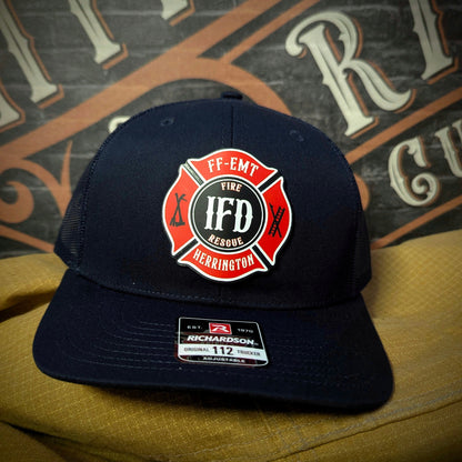 Custom firefighter hat with handcrafted leather patch, personalized with fire department name, station number, or logo