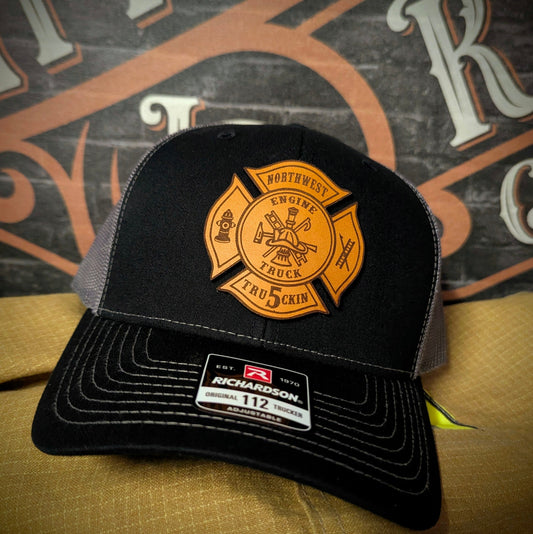 Custom firefighter hat with handcrafted leather patch, personalized with fire department name, station number, or logo