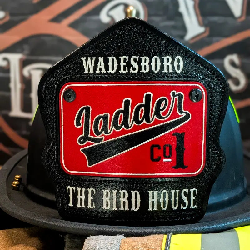 Custom firefighter passport helmet shield crafted from full grain leather