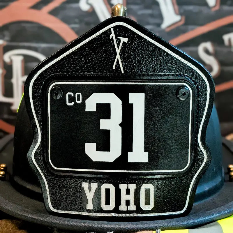 Personalized leather helmet shield with firefighter passport design