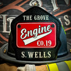 Firefighter helmet front featuring custom passport-style layout