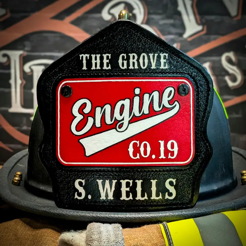 Firefighter helmet front featuring custom passport-style layout