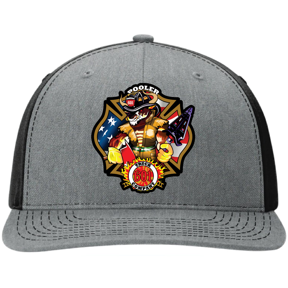 Custom firefighter hats with leather patch on Richardson 112 for your fire department