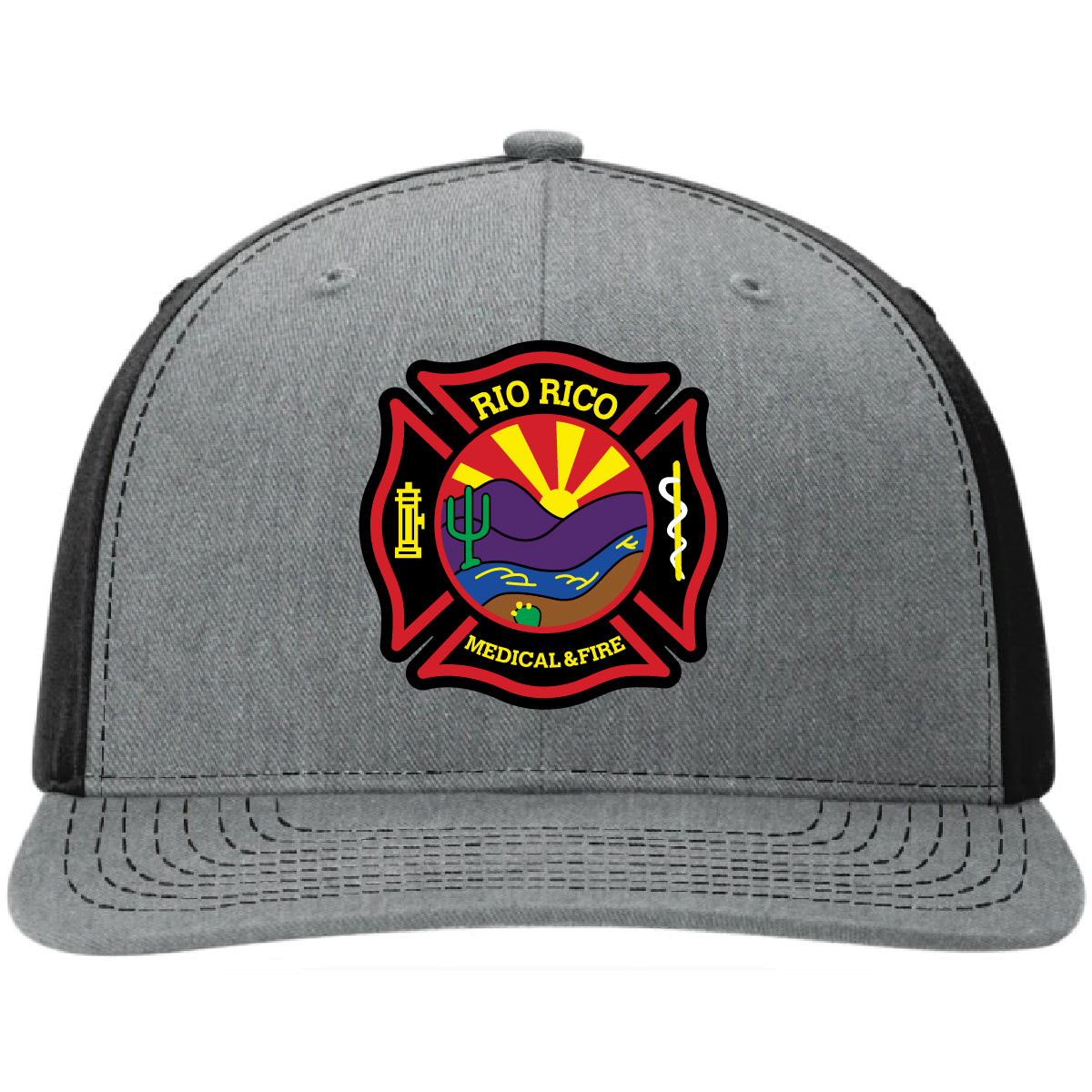 Custom firefighter hat for Rio Rico fire distric. Featuring a custom leather patch on a Richardson hat