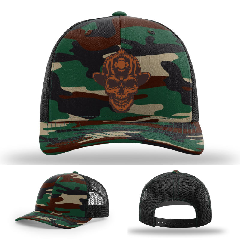 Leatherhead firefighter hat variant with skull and helmet patch front view