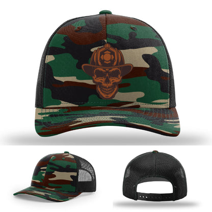 Leatherhead firefighter hat variant with skull and helmet patch front view