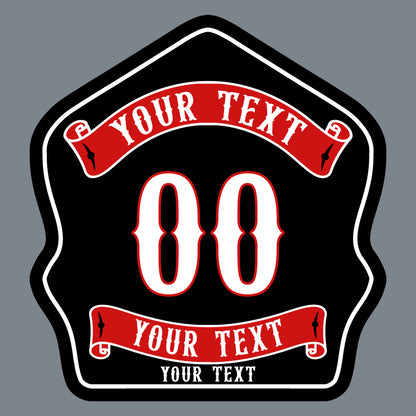 Handcrafted full grain leather firefighter helmet shield showing traditional layout for company number and rank