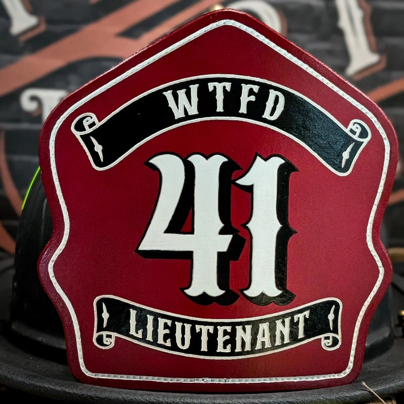 Custom firefighter helmet shield with classic fire service style