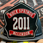 leather fire helmet shield with custom text and bold colors
