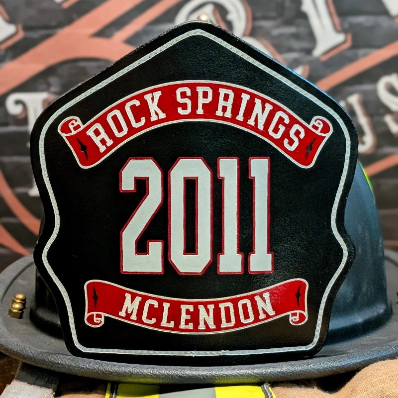 leather fire helmet shield with custom text and bold colors