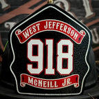 Firefighter helmet shield with clear professional layout