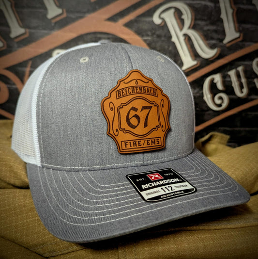 Custom fire department hat with leather shield patch