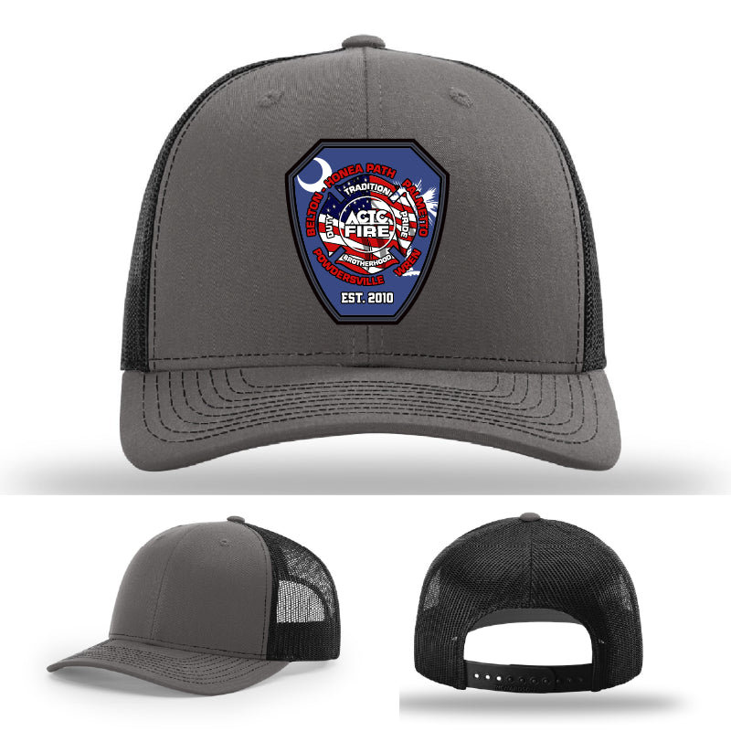 ACTC firefighting student hat with engraved leather program logo