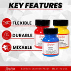 Angelus leather paint graphic highlighting flexibility, durability, and color mixing