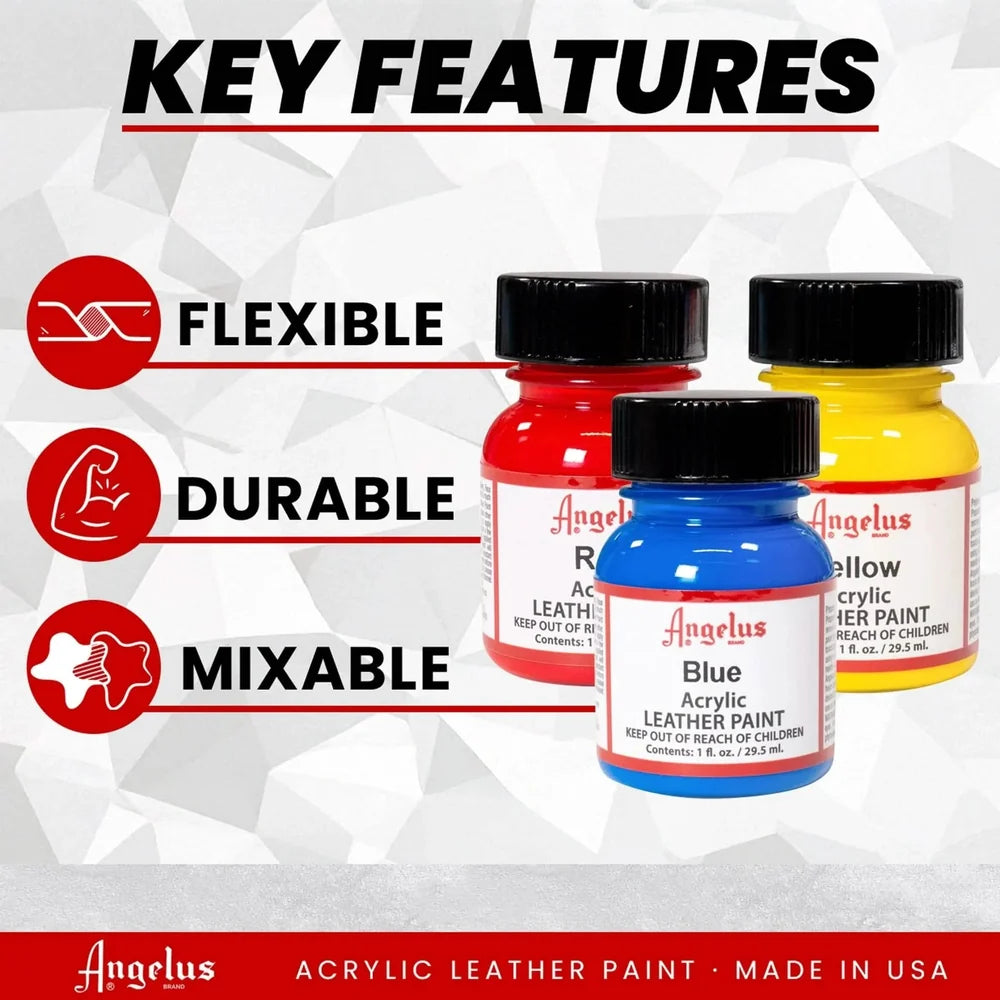 Angelus leather paint graphic highlighting flexibility, durability, and color mixing