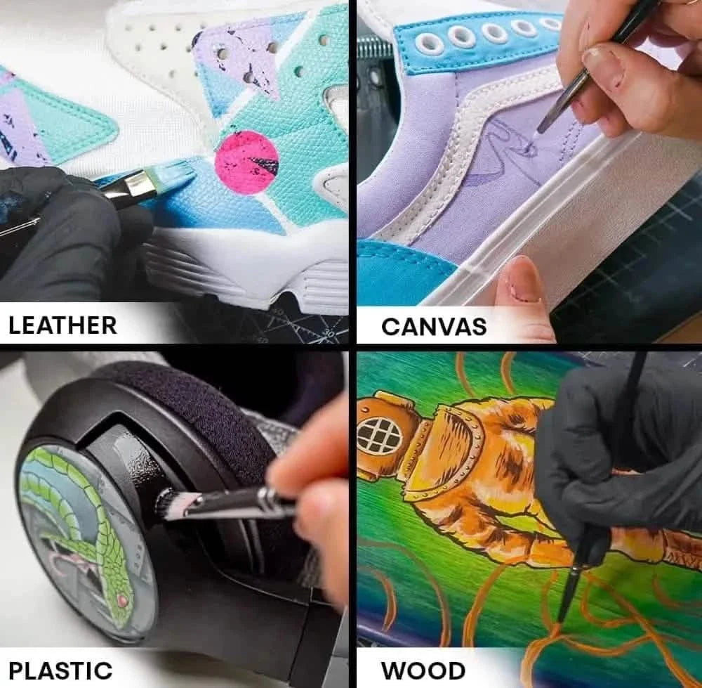 Angelus paint being applied to leather, canvas, plastic, and wood projects