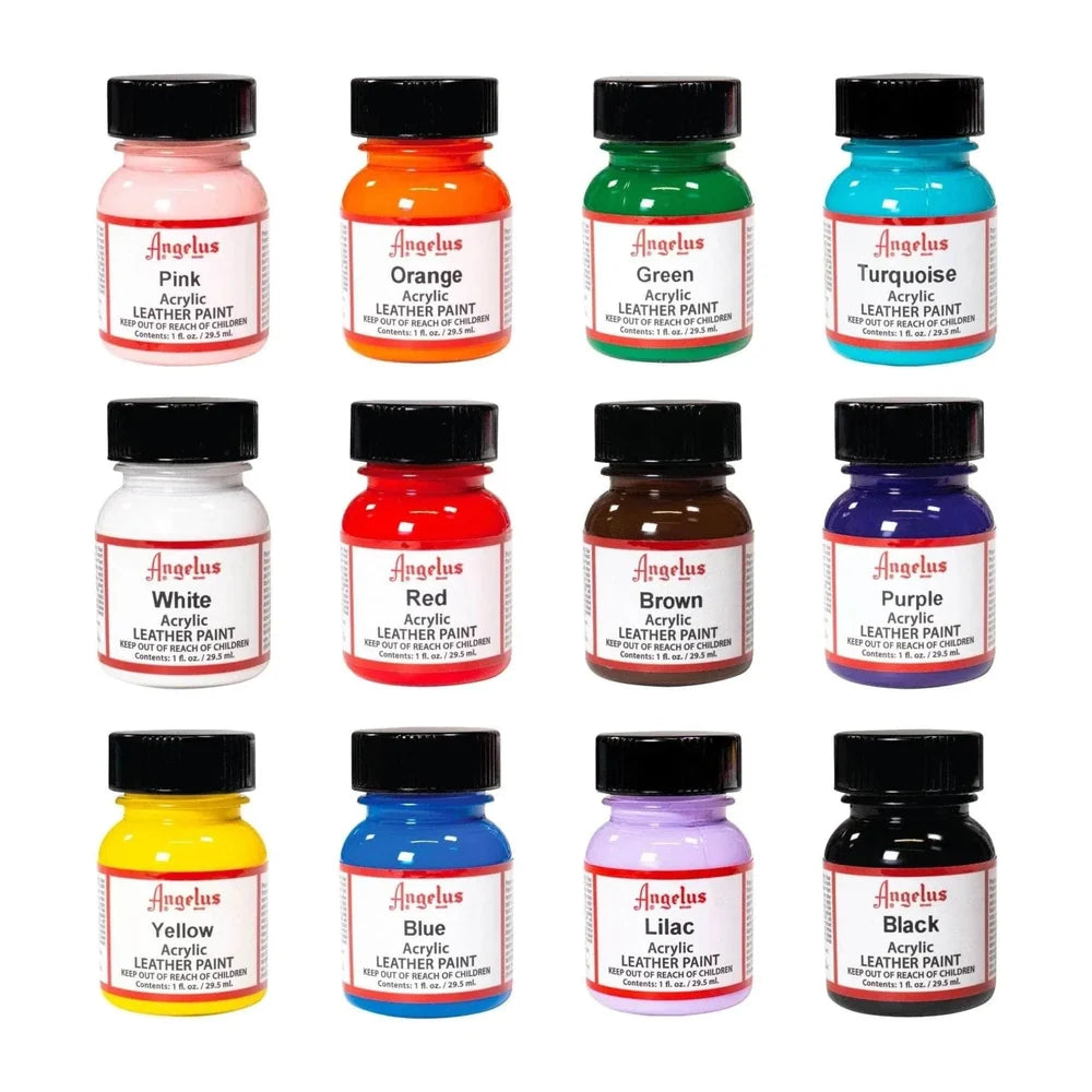 Twelve individual 1 oz paint bottles included in the Angelus Best Sellers Kit