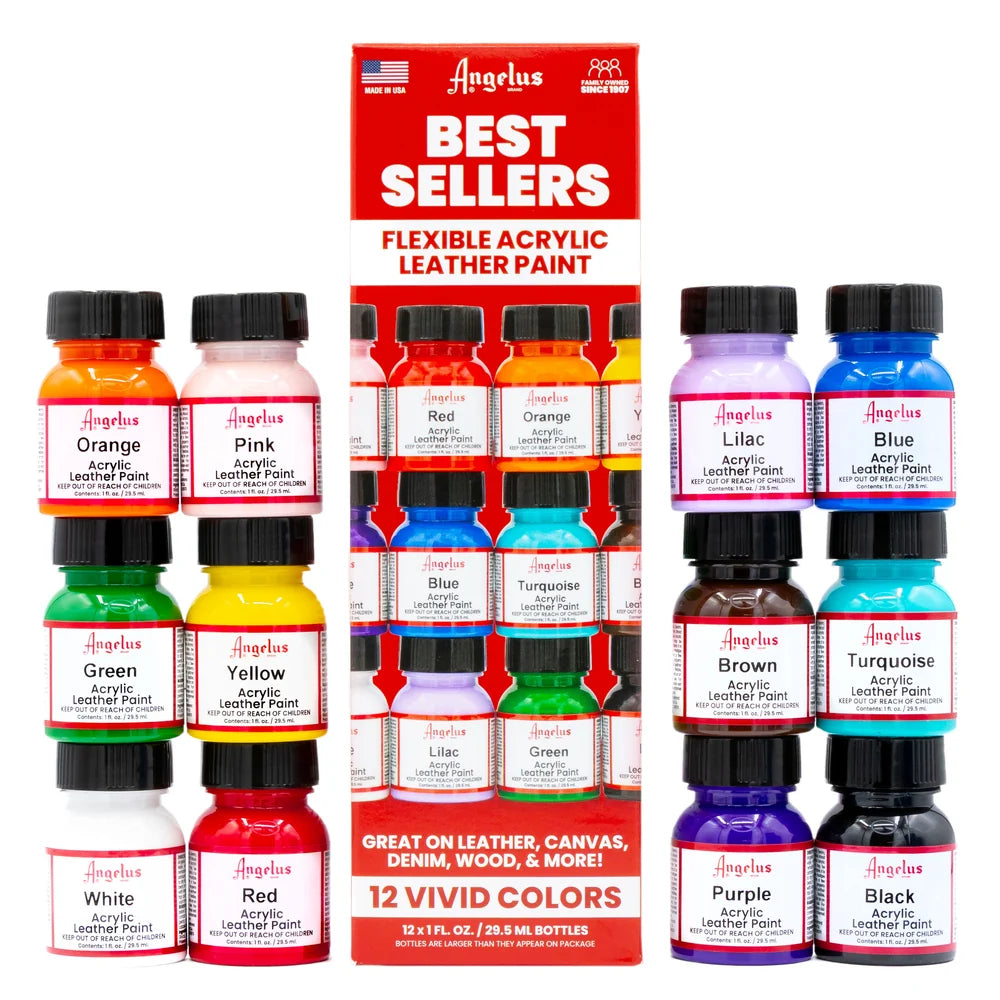 Angelus Best Sellers leather paint kit with twelve colors and red packaging