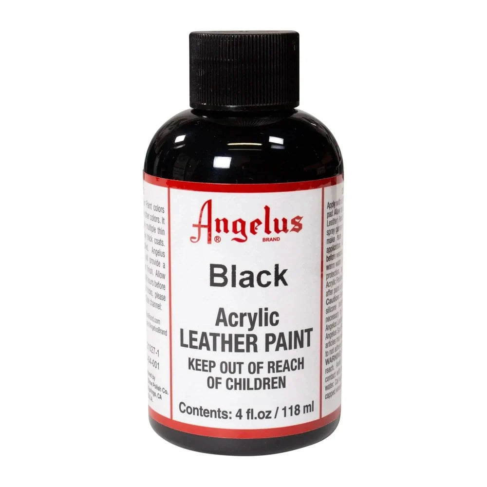 Angelus Black acrylic leather paint in a labeled 4 oz bottle