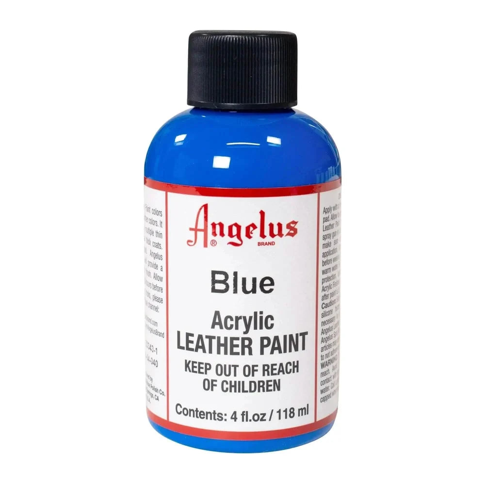 Angelus Blue acrylic leather paint in a labeled 4 oz bottle
