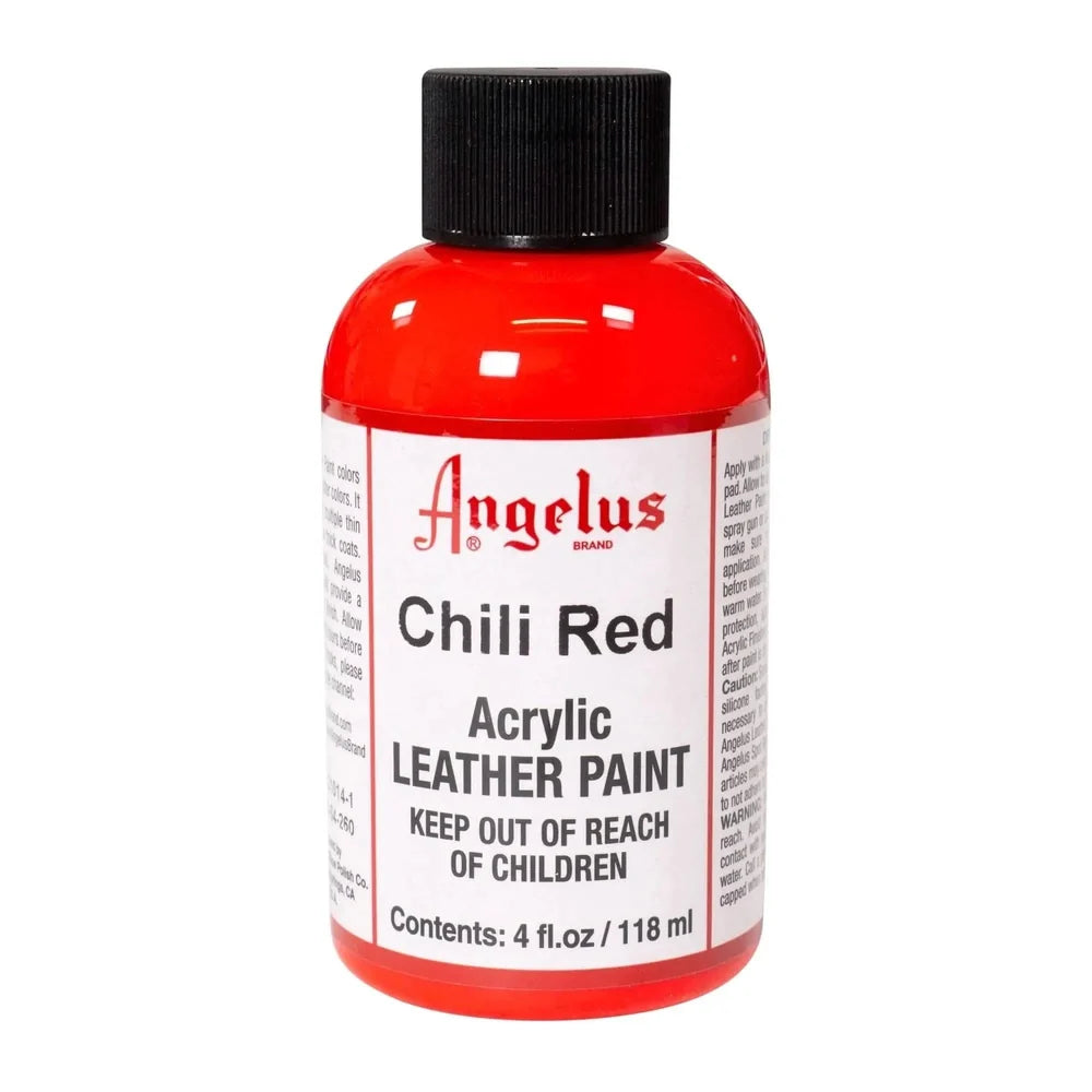 Angelus Chili Red acrylic leather paint in a labeled 4 oz bottle