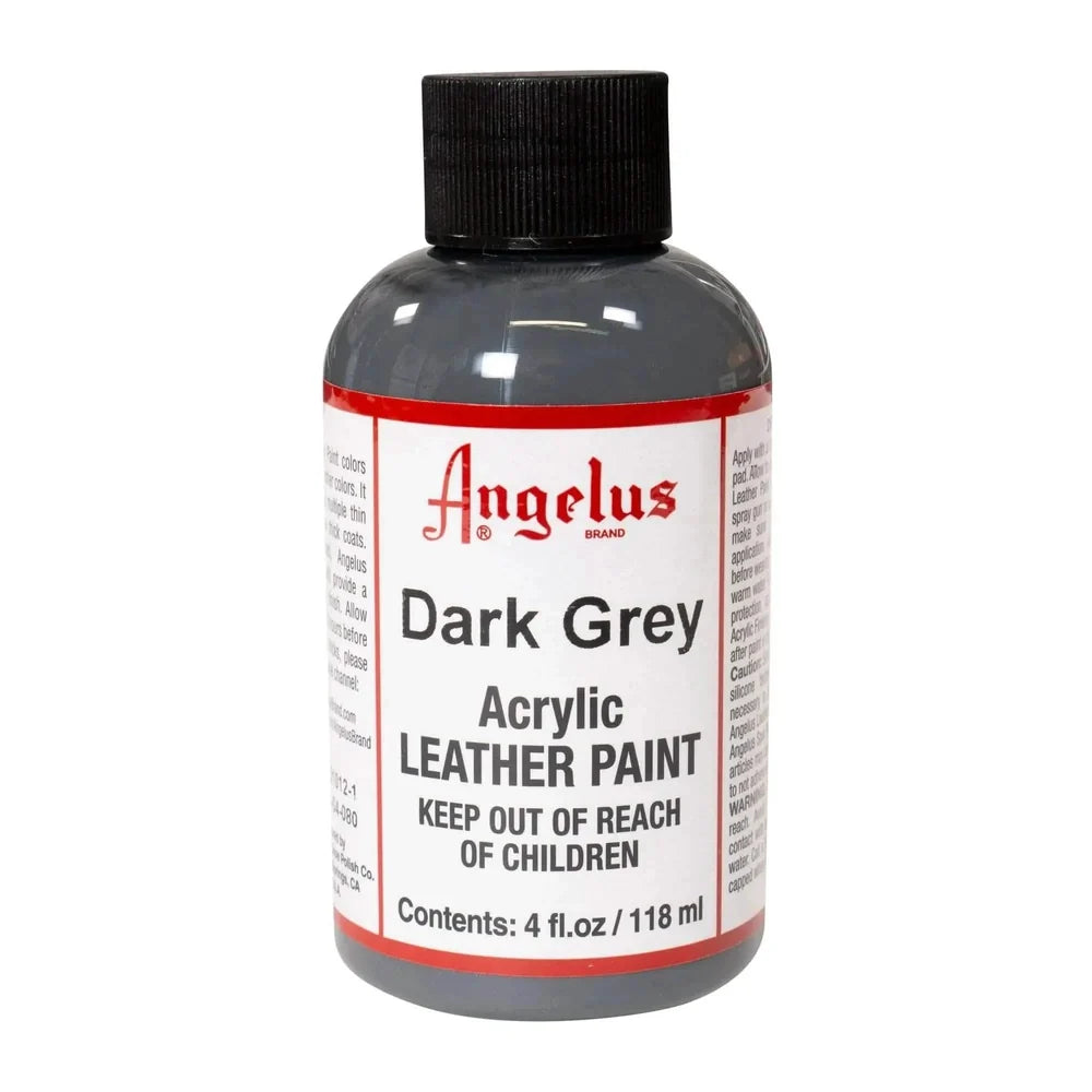 Angelus Dark Grey acrylic leather paint in a labeled 4 oz bottle