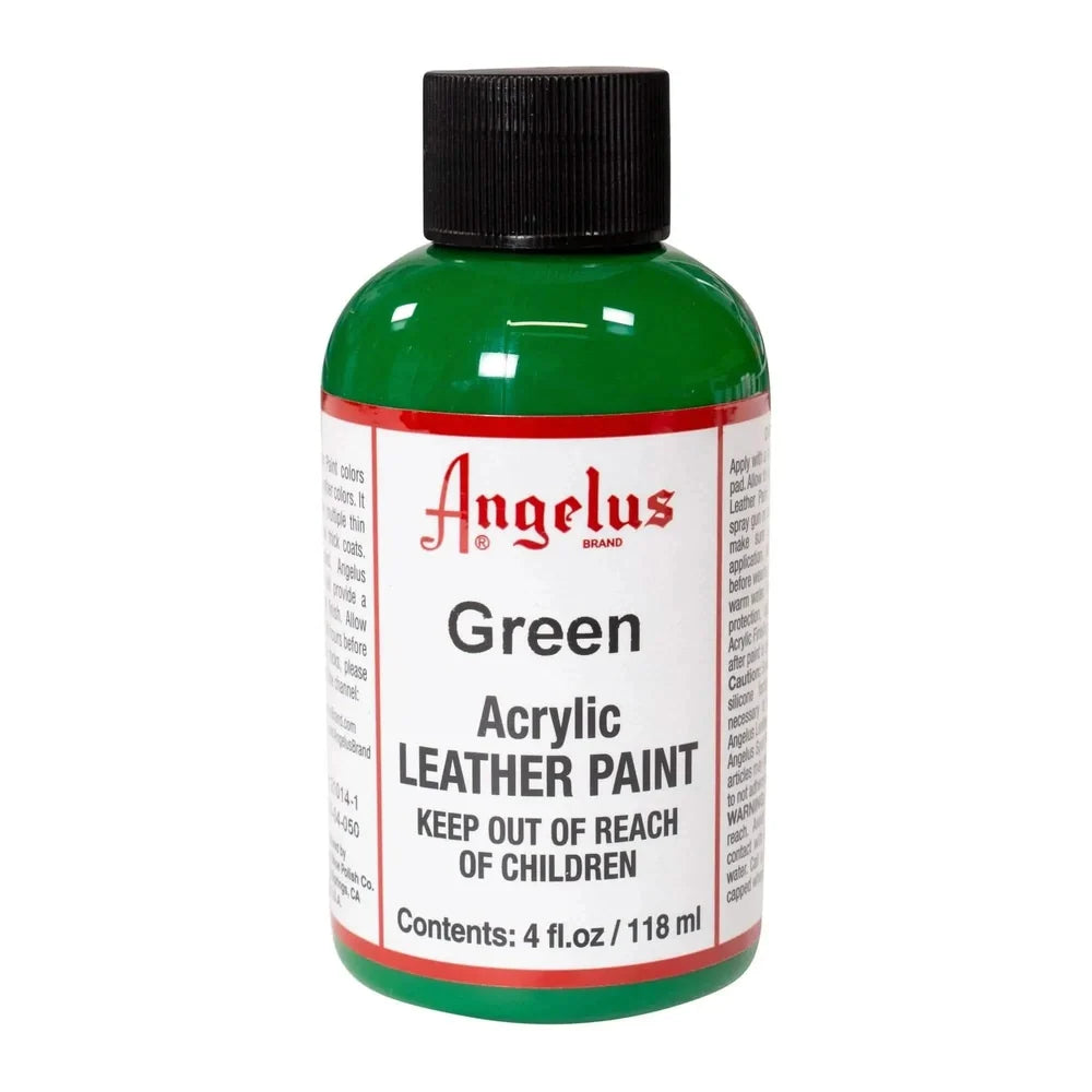 Angelus Green acrylic leather paint in a labeled 4 oz bottle