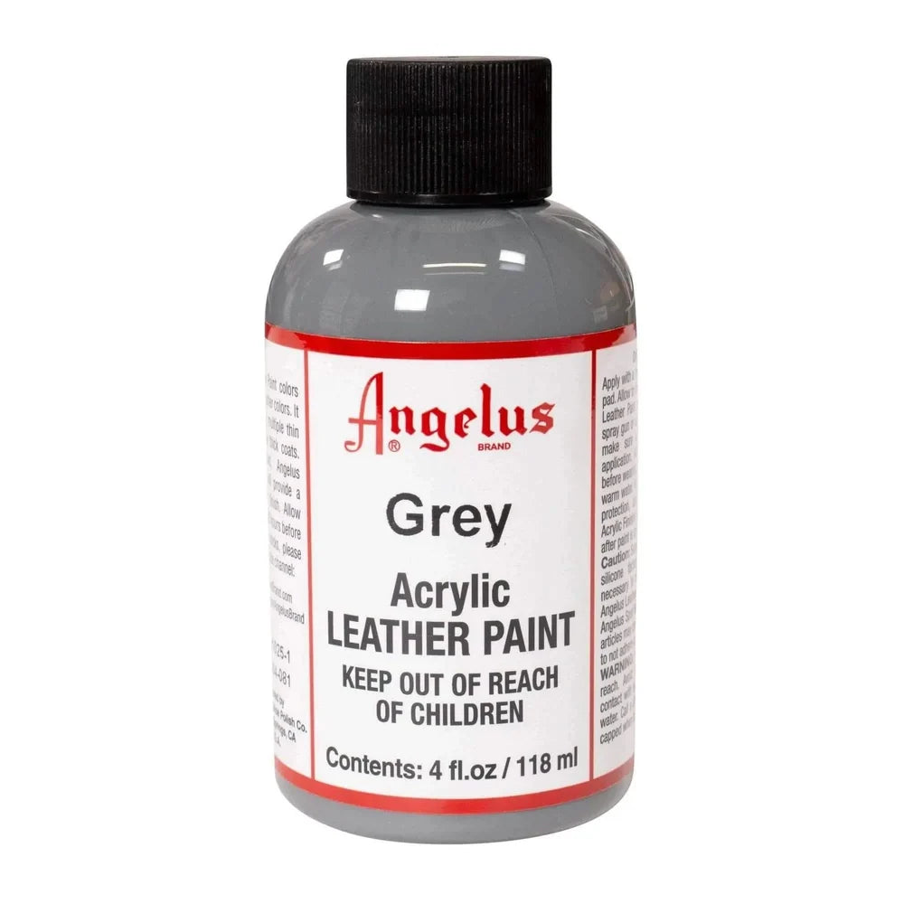 Angelus Grey acrylic leather paint in a labeled 4 oz bottle