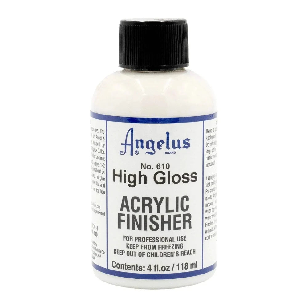 Angelus High Gloss Acrylic Finisher in a labeled bottle with a black cap.