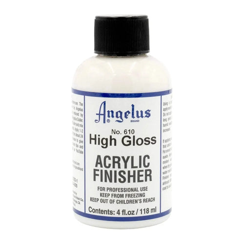 Angelus High Gloss Acrylic Finisher in a labeled bottle with a black cap.