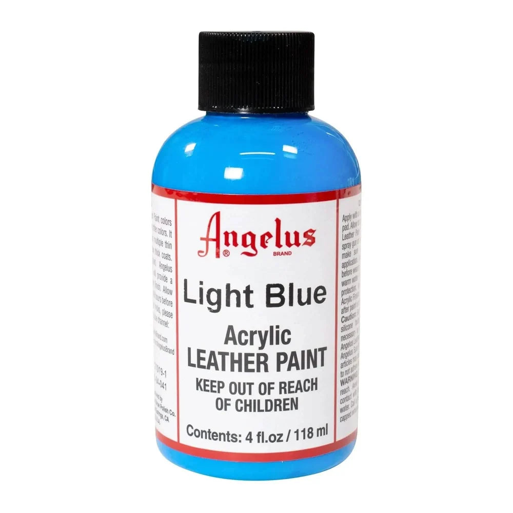 Angelus Light Blue acrylic leather paint in a labeled 4 oz bottle