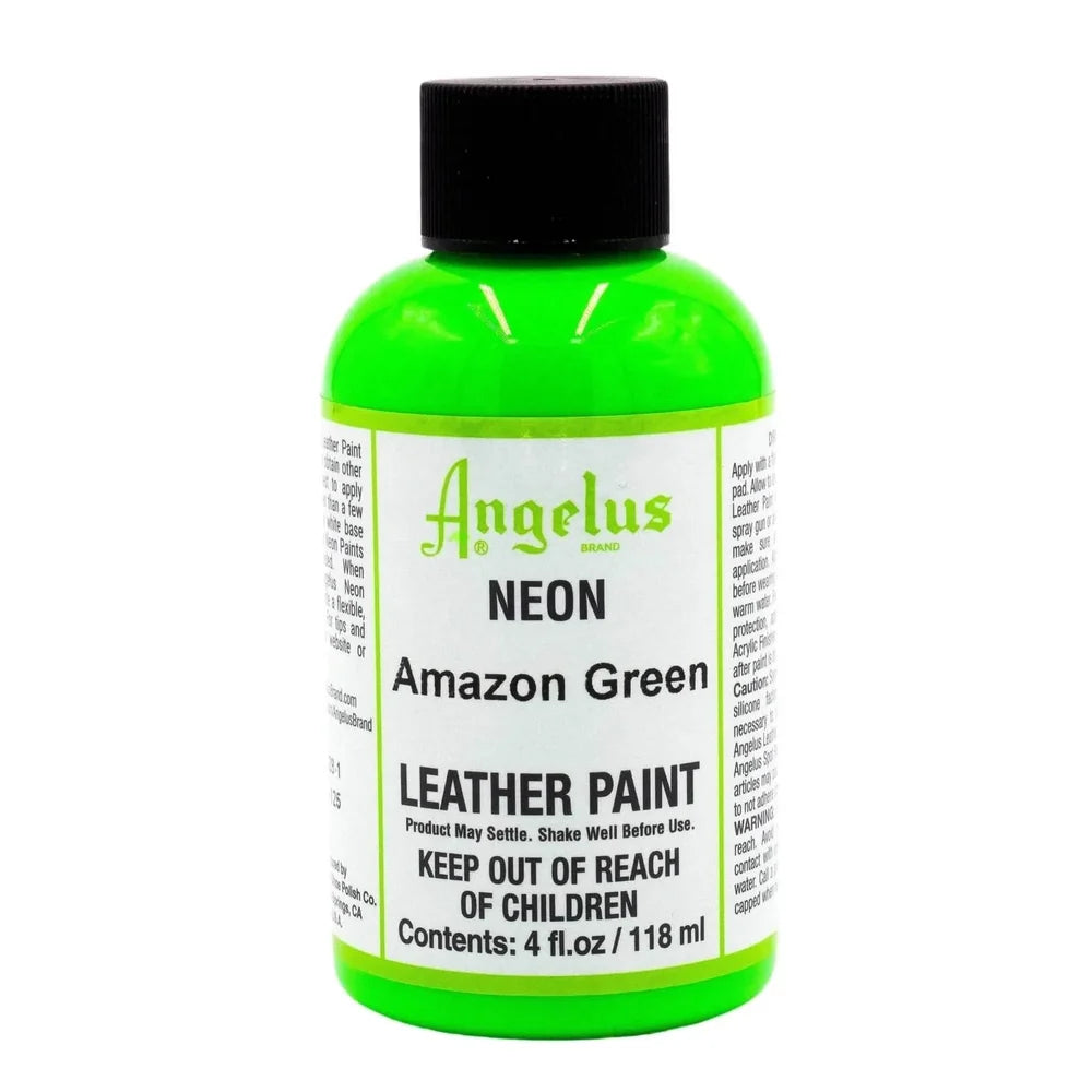 Angelus Neon Amazon Green acrylic leather paint in a labeled 4 oz bottle