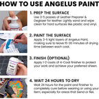 Angelus paint guide showing surface preparation, thin coats, optional finish, and drying time