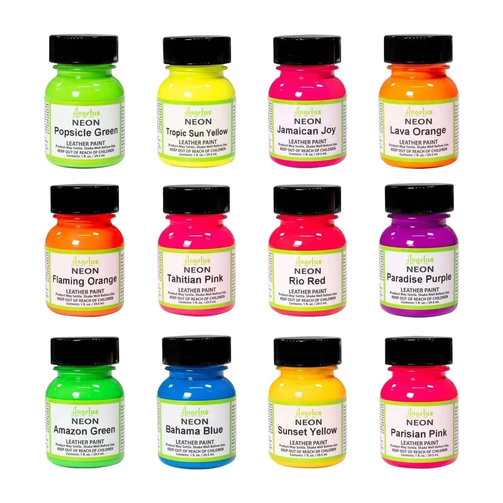 Twelve bright Angelus neon leather paint colors in individual 1 oz bottles