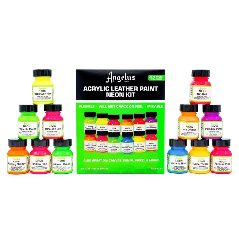 Angelus Neon Color Kit with twelve paint bottles and green accented packaging