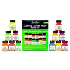 Angelus Neon Color Kit with twelve paint bottles and green accented packaging