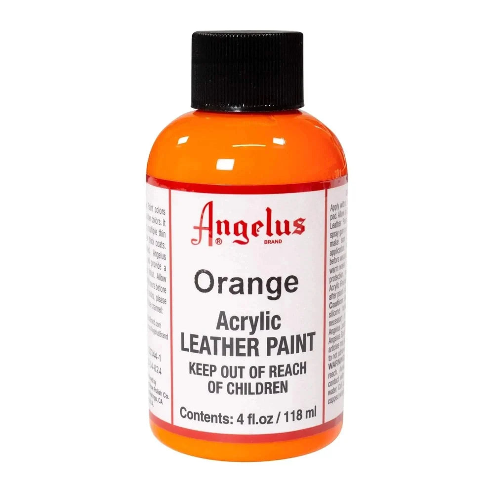 Angelus Orange acrylic leather paint in a labeled 4 oz bottle