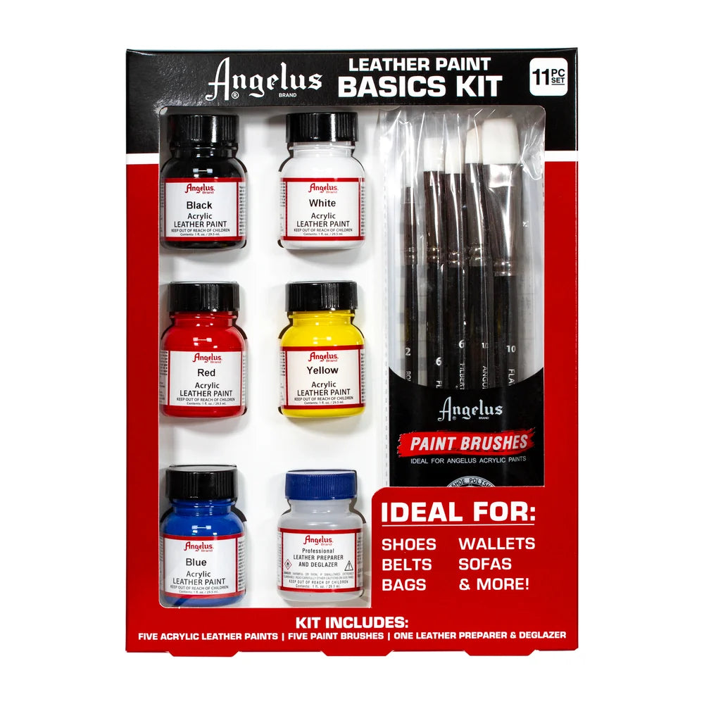 Angelus Paint Basics Kit with five paint colors, brushes, and leather preparer