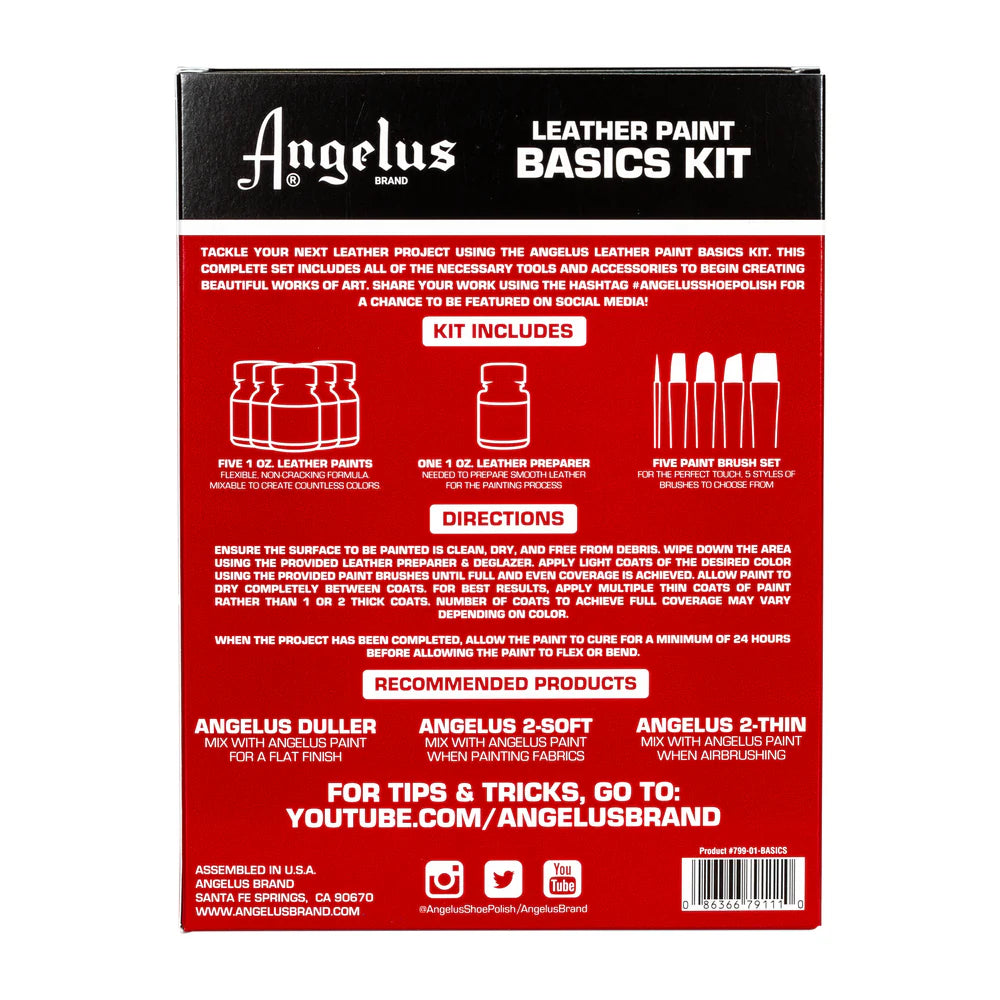 Back of Angelus Paint Basics Kit packaging showing contents and application instructions