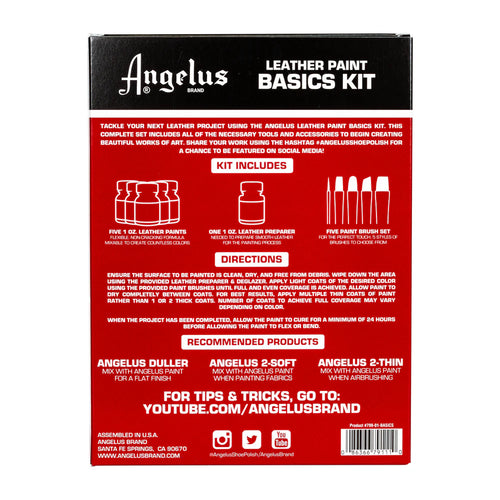 Back of Angelus Paint Basics Kit packaging showing contents and application instructions