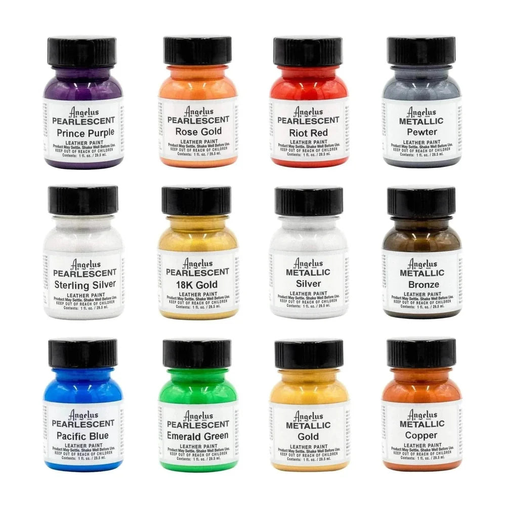 Twelve Angelus metallic and pearlescent paint colors displayed in individual bottles