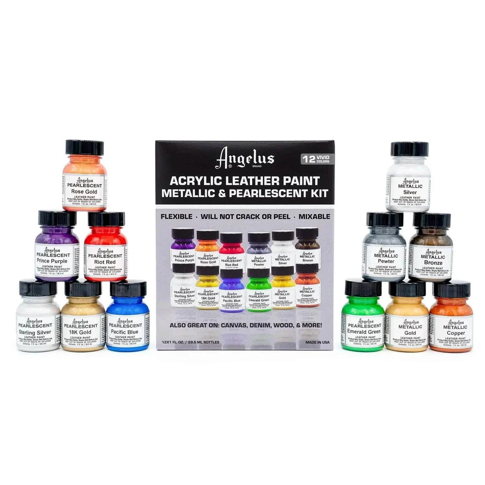 Angelus Pearlescent and Metallic Paint Kit with twelve bottles and black packaging