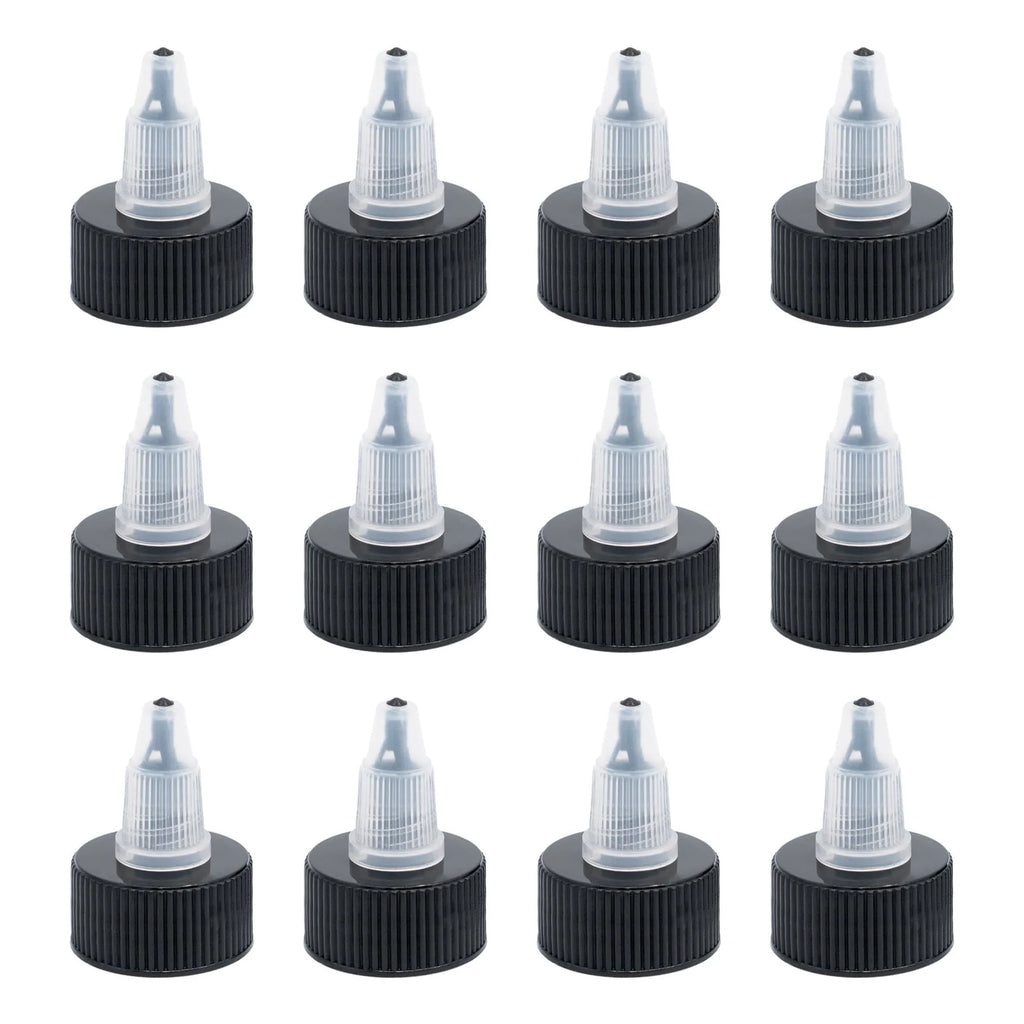 Twelve Angelus twist top dispensing caps arranged in three rows