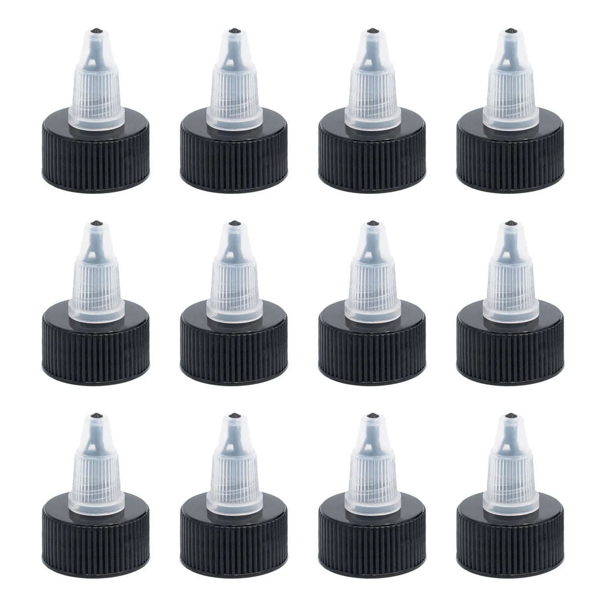 Twelve Angelus twist top dispensing caps arranged in three rows