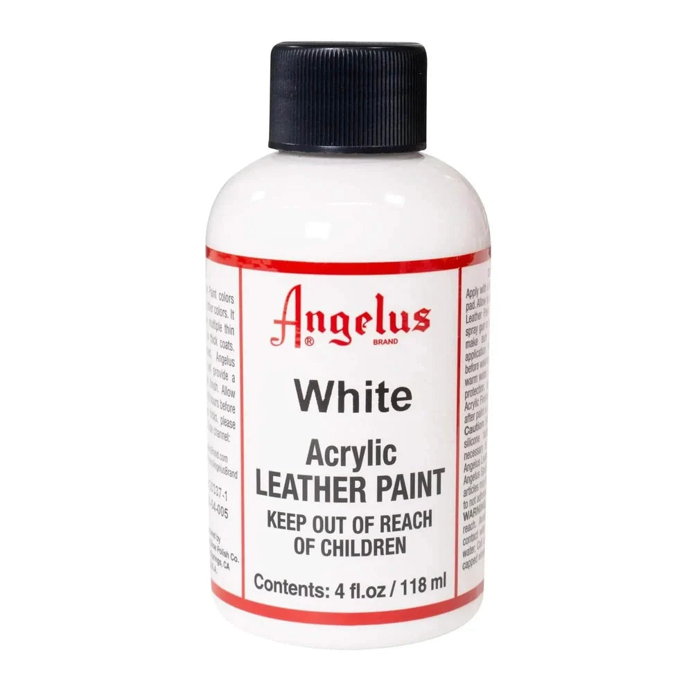Angelus White acrylic leather paint in a labeled 4 oz bottle