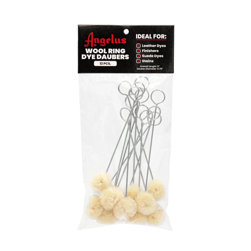 Angelus wool daubers in a clear package with natural wool tips and metal loop handles.