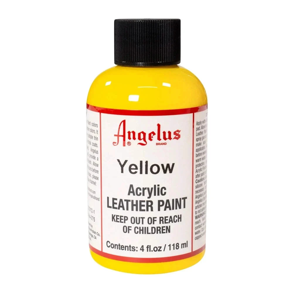 Angelus Yellow acrylic leather paint in a labeled 4 oz bottle