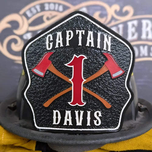 Leather firefighter helmet shield with bold crossed axe design