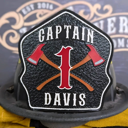 Leather firefighter helmet shield with bold crossed axe design