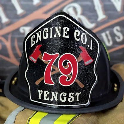 Handmade firefighter helmet shield featuring axe centerpiece